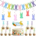 Easter decoration set with pastel bunny banners and Happy Easter cake toppers on white - Macaron Bunny Set 2