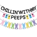 Easter banner featuring Chillin' With My Peeps text and colorful bunnies with pom-poms - Banner And Rabbit Garland Combination