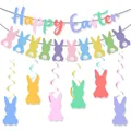 Detail showing pastel Happy Easter banner with colorful bunny bunting and fluffy pom-poms - Easter Letter Banner and Pompom Rabbit Set
