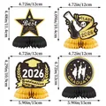 2026 graduation party table decor set with gold honeycomb bases and star shaped toppers - Black And Gold Graduation Honeycomb Ornaments [pack Of 4]