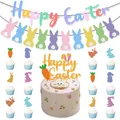 Detail of Happy Easter banner and glitter cake toppers with bunny and carrot designs - Easter Macaron Rabbit Decoration Set 1