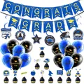 Blue and gold graduation party set with Congrats Grad banners balloons and cake toppers - Graduation Blue Banner Balloon Set