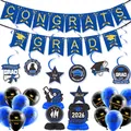 Vista piatta del set festa di laurea 2026 con striscioni, spirali e decori a nido d'ape - Striscione di Laurea Blu Scuro Spirali Palloncini Centrotavola a Nido d'Ape