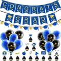 Blue and gold graduation party set with banners, printed balloons, and themed cake toppers - Graduation Blue Banner Garland Balloon Set
