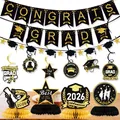 Kit décoration fête diplôme 2026 avec bannières noir et or et spirales décoratives - Ensemble Bannière Graduation Spirales Nid Abeille