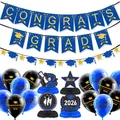 Dettaglio kit festa di laurea 2026 con striscioni Congrats Grad e decorazioni a nido d'ape - Striscione di Laurea Blu Reale Spirali Palloncini Centrotavola a Nido d'Ape