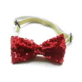 Detail of sparkly red sequined pet bow tie with adjustable gold strap for dogs and cats - Red Bow Tie
