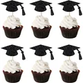 Close-up of black glitter graduation cap cupcake toppers with realistic fringe detail - Graduation Cap Style / Black