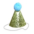 Detail of golden sequined pet birthday hat with a light blue pompom and elastic strap - Blue Pompom Party Hat