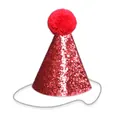 Detail of red sequin birthday party cone hat with plush pompom and elastic strap - Red Pompom Party Hat