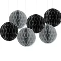 Detailed view of six black and grey honeycomb paper balls with hanging strings for parties - Black Gray Honeycomb Balls