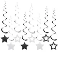 Detail showing shiny black and glitter silver metallic swirls with hollow star pendants - Black Gray Hollow Star Swirls