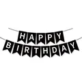 Close-up of Happy Birthday banner with white letters on black swallowtail flags - Black Letter Birthday Banner