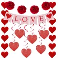 Valentine’s Day decoration set with red LOVE banner, paper flowers and glitter hearts - LOVE Banner and Spiral and Honeycomb Balls Set Style 6 (Gold Card)