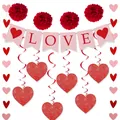 Valentine's Day decoration set with LOVE banner, red heart swirls, and pink paper fans - LOVE Banner and Spiral and Honeycomb Balls Set Style 7