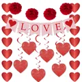 Pink LOVE banner with red paper lanterns and glitter heart hanging decorations - LOVE Banner and Spiral and Honeycomb Balls Set Style 9 (Glitter)