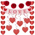 Valentine's Day decoration set with red LOVE banner, paper flowers and heart spirals - LOVE Banner and Spiral and Honeycomb Balls Set Style 10 (Gold Card and Glitter)