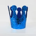 Close-up of a blue sequined crown party hat for pets with sparkling glitter detail - Blue Crown Hat