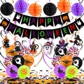 Halloween decoratieset met Happy Halloween banner, honingraat ballen en diverse ballonnen - 11 Gemengde Confetti Zwart Paars Oranje Set