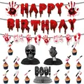 Macro view of bloody Halloween party decor including bloody handprints and cake toppers - Horror Birthday Decoration Set C