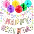 Colorful birthday party set with gold foil banner, honeycomb balls and swirls - Style B Macaron Bronzed Birthday Combination