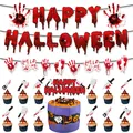 Halloween bloody handprint party set with Happy Halloween banner and cupcake toppers - Bloody Halloween Decoration Set E