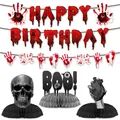 Macro view of Halloween bloody birthday banners and skull honeycomb table centerpieces - Horror Birthday Decoration Set A