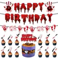 Detailed Halloween horror party set featuring bloody handprint banner and cupcake toppers - Horror Birthday Decoration Set B