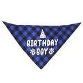 Blue buffalo plaid dog birthday bandana featuring white Birthday Boy text and hat graphic - Birthday Boy Blue Bandana