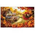 Close-up of Happy Thanksgiving tapestry with festive turkey, pumpkin and autumn leaves - Cartoon Turkey Countryside (Poster 01) / 180x110 Polyester