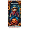 Detail of Welcome Fall banner showing a cute scarecrow on a pumpkin with sunflowers - Scarecrow Sitting On Pumpkin Style (Thanksgiving Poster 01)
