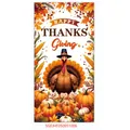 Vertical Thanksgiving door banner featuring a turkey, pumpkins, and autumn leaves motifs - Turkey Holding Roast Turkey Style (Thanksgiving Poster 04)