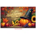 Detailed close-up of Thanksgiving tapestry featuring pumpkins, autumn leaves and golden text - Pilgrim Hat Pumpkin (Poster 05)