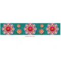 Close-up of Diwali teal table runner featuring pink lotus and golden Diya lamp patterns - Long Polyester Fabric / Teal (Diwali Table Runner 004)