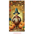 Detail of Thanksgiving door banner showing cartoon turkey and pumpkins on wood texture - Turkey With Blue Top Hat Style (Thanksgiving Poster 06)