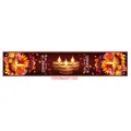 Close-up of Diwali table runner with Happy Diwali text and traditional diya oil lamp motifs - Long Polyester Fabric / Maroon (Diwali Table Runner 006)