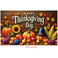 Detail of Thanksgiving backdrop with pumpkins, sunflowers, and fall harvest elements on wood - Happy Thanksgiving Wood (Poster 07)