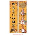 Close-up of Thanksgiving porch banners featuring festive gnomes and autumn pumpkins - Gnome Thanksgiving Welcome