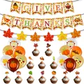 Thanksgiving party kit with 'GIVE THANKS' banners, maple leaves, and turkey cake toppers - Thanksgiving Harvest Banner Decor Set (Style 3)