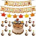 Detail of Thanksgiving party banners and cake toppers with autumn leaves and turkey motifs - Thanksgiving Harvest Banner Decor Set (Style 1)