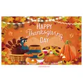 Detail of Thanksgiving tapestry featuring a cartoon turkey, pumpkins and festive lights - Turkey Pumpkin Feast Table (Poster 27)