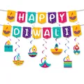 Colorful Happy Diwali party banner set with hanging spiral swirls and Diya lamp designs - Banner Swirls Set
