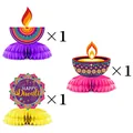 Set of Happy Diwali honeycomb table centerpieces with colorful oil lamps and mandala patterns - Mandala and Oil Lamp Style Series