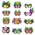 Dettaglio di dodici maschere colorate di Carnevale con piume e gemme preziose - Maschere Di Carnevale Brasiliane (confezione Da 12) [tipo A + Tipo B]
