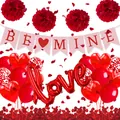 Valentine's Day decoration set with red Love balloons, heart banner, and rose petals - Red Heart Banner LOVE Foil Balloon Set