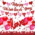 Valentine's Day party set with glitter banner, love balloons, and red rose petals - "Happy Valentine's Day" Banner Heart String Foil Balloon And Petals