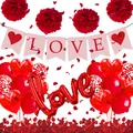 Valentine party set with LOVE banners, heart foil balloons, and red rose petals - Pink LOVE Swallowtail Banner Set