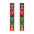 Detail of vibrant Diwali door hangings with colorful Diya and peacock patterns on red background - Bright Red Ethnic Style Diwali Couplet (Set 5)