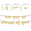 Glittering gold 'we are so proud of you' banner with precise size dimensions shown - Gold