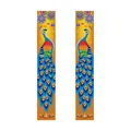 Vertical Diwali party porch banners with peacock art and traditional metal oil lamps - Warm Orange Peacock Style Diwali Couplets